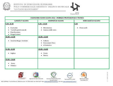 CALENDARIO ESAMI AGOSTO 201